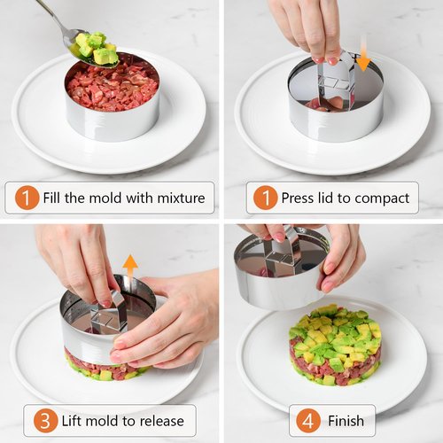HULISEN Round Cake Ring Mold Set, 3" Crumpet Rings, Stainless Steel Dessert Cooking Molds with Presser & Lifter, Ideal Tool for Mousse, Pastries, Pancakes, Salads