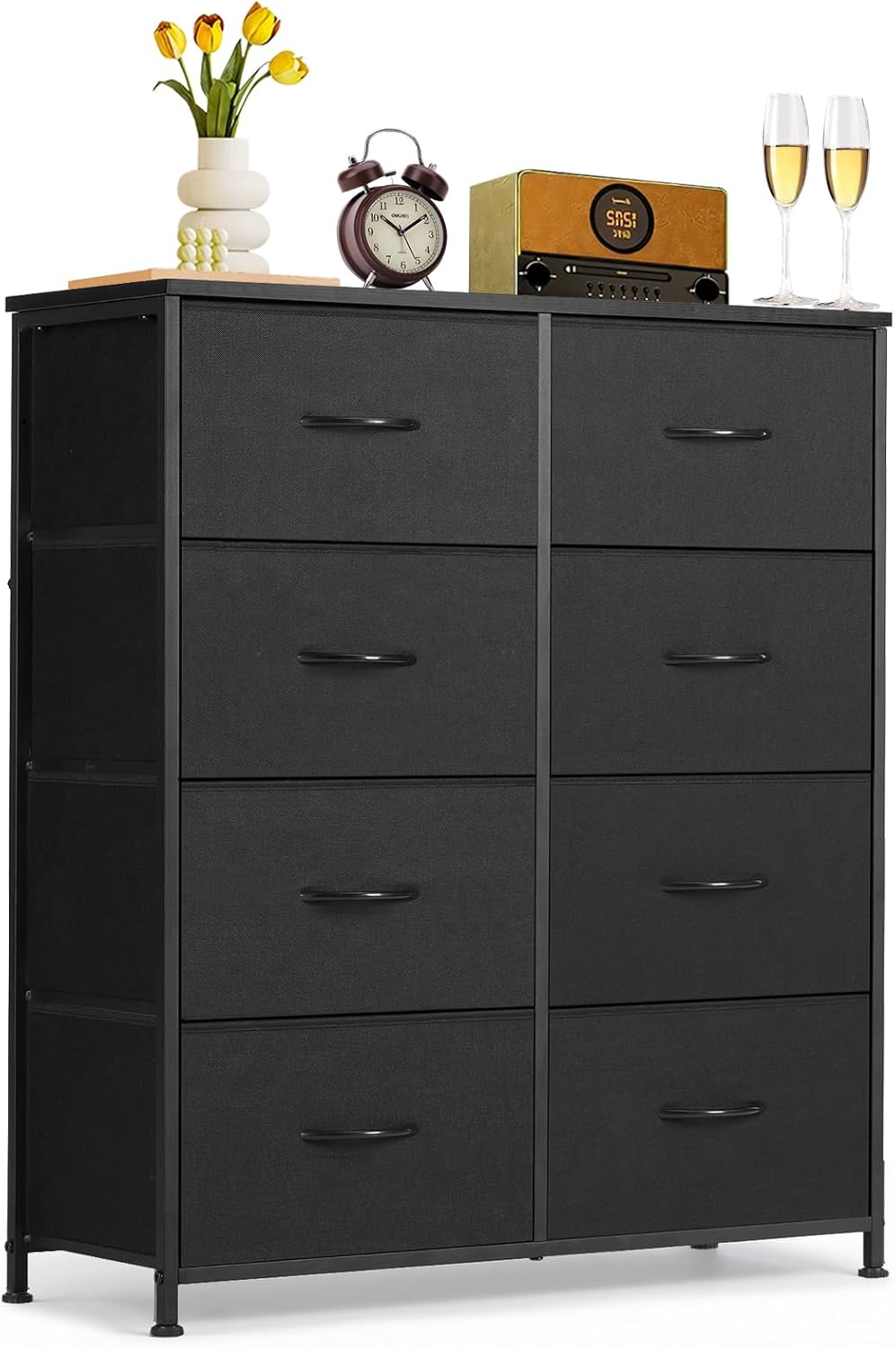 Regine Switzerland 8-Drawer Dresser - Anti-Tip Storage Organizer with Wooden Top & Metal Frame | Black