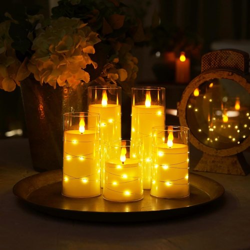 Homemory Flameless Candles - Battery Operated LED Candles with Fairy Lights & Remote Control | Ivory Set of 5 (5" 6" 8" 8")