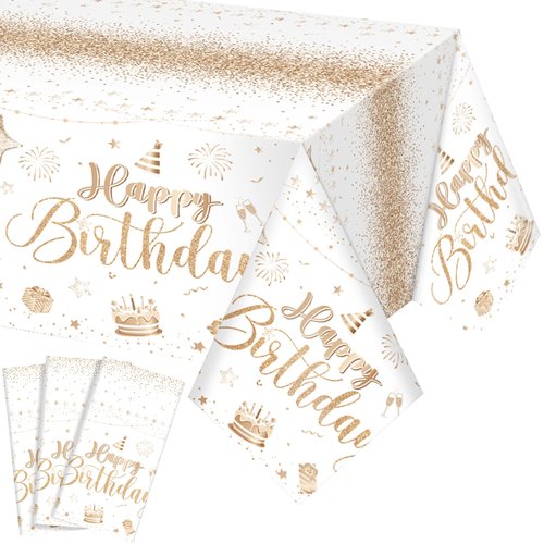 Tudomro 3 Pcs Happy Birthday Tablecloths Happy Birthday Party Decorations Plastic Table Cover Rectangular Cloths for Women Men Baby Shower Party Supplies, 108 x 54 Inch (Champagne)