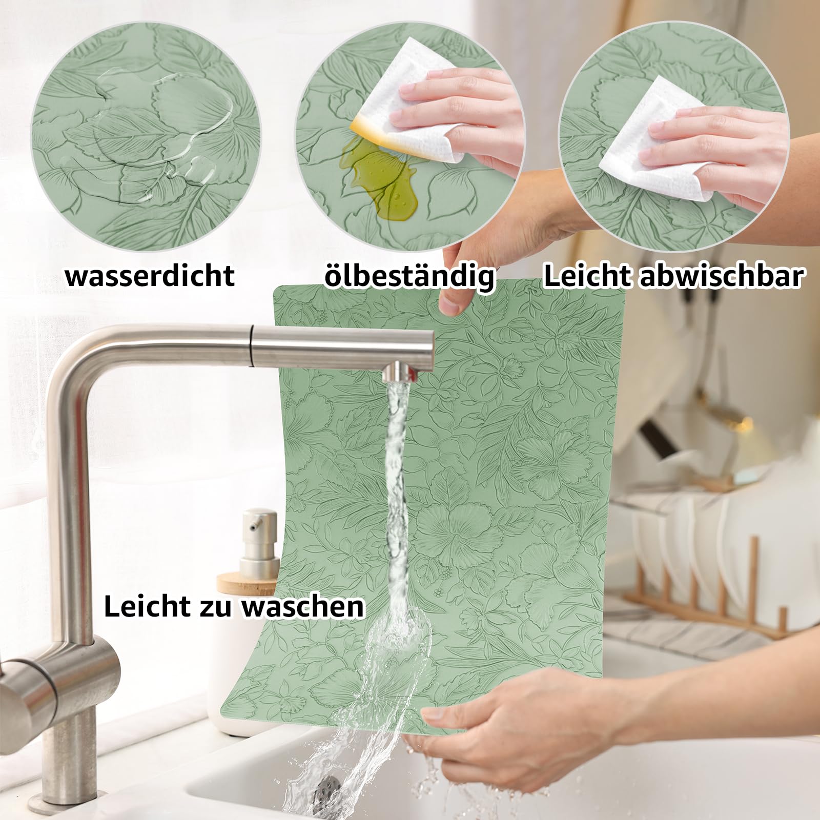 Placemats Set of 4 with 4 Coasters,Carving Floral Design,Non-Slip, Heat Resistant,Washable for Kitchen and Dining Table,Artificial Leather Place Mats (Green)