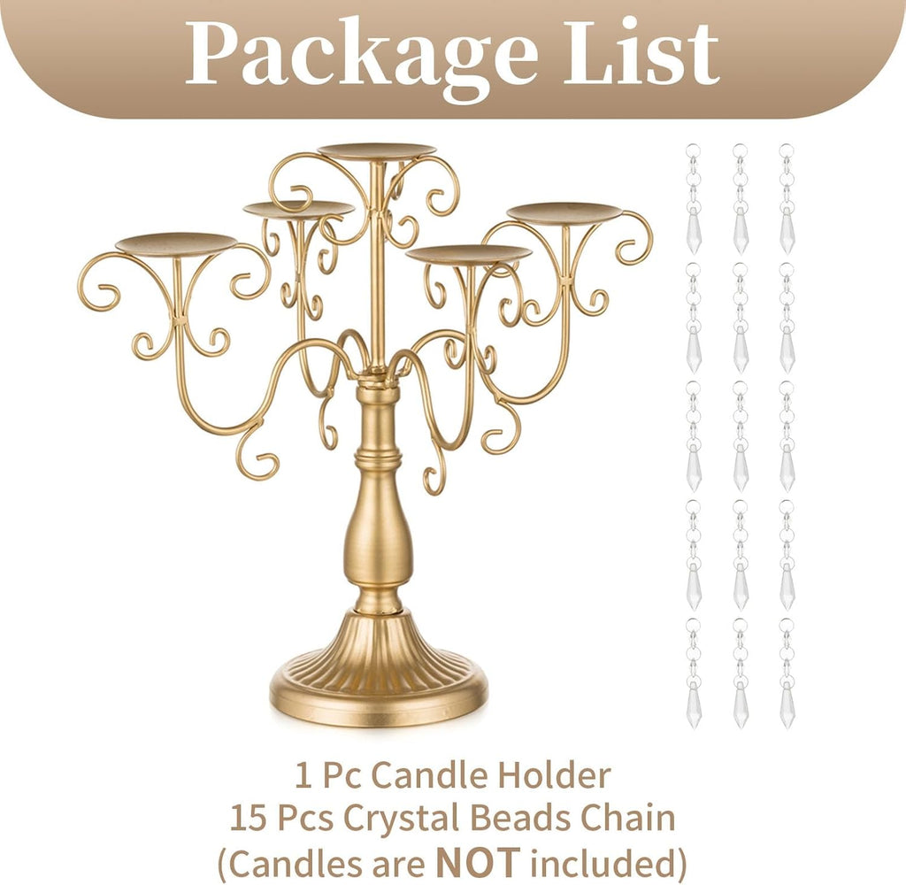 Sziqiqi Gold Candelabra Centerpiece - 5 Arm Pillar Candle Holder with Crystal Beads for Weddings & Holidays