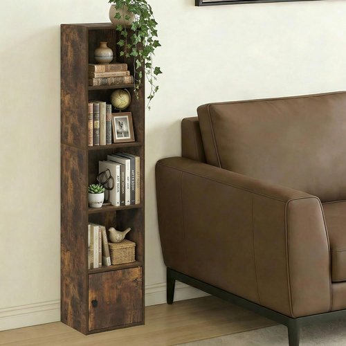 Furinno LUDER 5-Tier Bookshelf - Stylish Open Shelf & 1 Door Cabinet | Amber Pine, Ideal for Living Room & Home Office