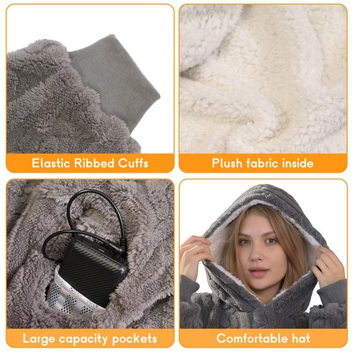 Dowin Heated Wearable Blanket Battery Powered, Come with 5000mAh Portable Rechargeable Charger, USB Fannel Sherpa Oversized Hoodie Sweatshirt, Machine Washable, Grey