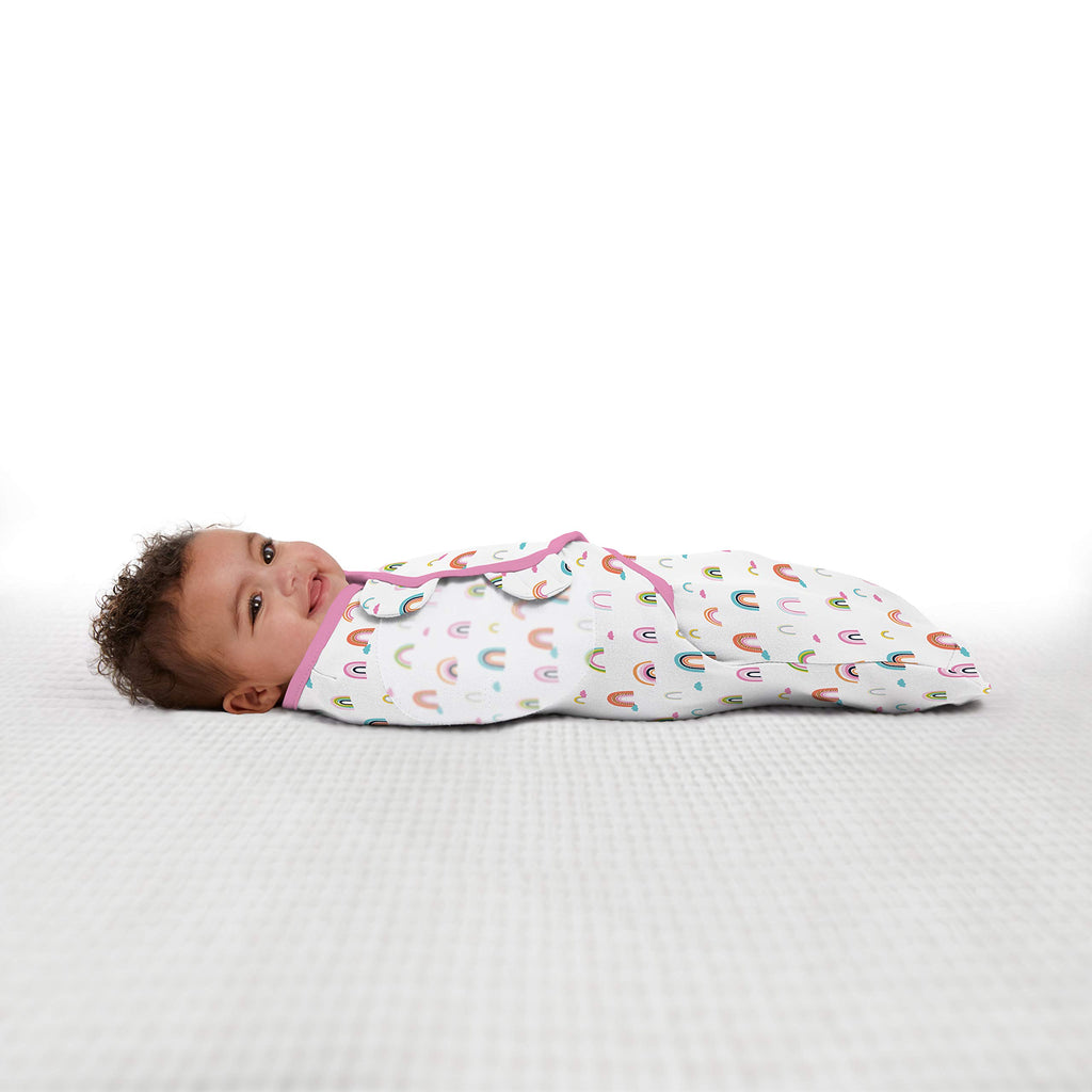 SwaddleMe Original Organic Swaddle 2-pk, 100% Organic Cotton Adjustable Baby Wrap, Small (0-3 Months, 7-14 lbs, up to 26"), Chasing Rainbows