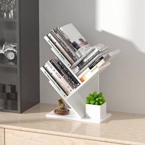 R RUISHENG 3 Tier Small Tree Bookshelf Storage Organizer Shelves Floor Standing Bookcase Desk Wood Storage Rack for Home Office Living Room Bedroom Display for Book Magazine CD manga Warm White