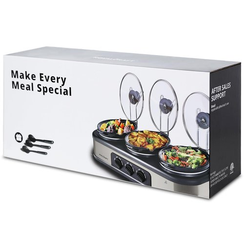 SUNVIVIPRO Triple Slow Cooker Buffet Server with 10 Cooking Liners, Adjustable Temperature Settings, Dishwasher Safe, for Parties, Holidays and Entertaining, 3 * 1.5 Quarts Silver