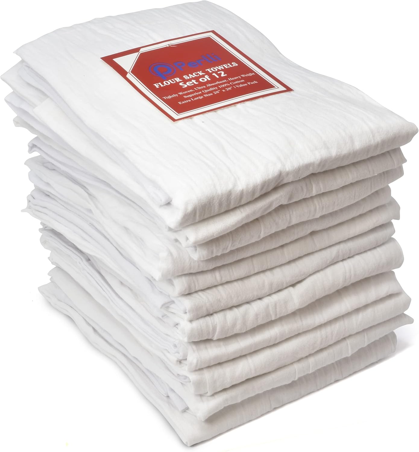 PERLLI Kitchen Flour Sack Dish Towels - 12 Pack, 28x28 Inches, Lint-Free, 100% Cotton, Highly Absorbent, White