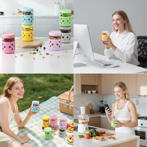 4 Pack Overnight Oats Containers with Lids - Thickened Glass 16 oz Mason Jars with Silicone Sleeves, Wide Mouth Airtight Leak-Proof Chia Seed Pudding Meal Prep Jars for Yogurt Parfait Snacks