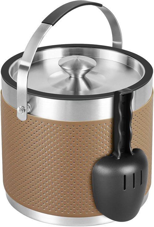 3Quart/3.2L Insulated Ice Bucket with Lid, Scoop, Leather Design Double Wall Stainless Steel Ice Bucket for Cocktail Bar, Parties (Brown)