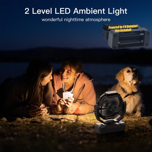 Wavmill Battery Operated Fan [200H Max], 2 in 1 D-Cell Battery & USB Powered Fans, Portable Camping Fan with 4 Speeds, Light, Timer, Remote for Outdoor Tent, Travel, Picnic, Office, Bedroom - Black