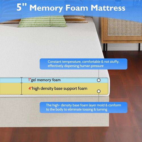 FDW 5-Inch Twin XL Gel Memory Foam Mattress - Medium Firm | CertiPUR-US Certified | Pressure Relief & Cooling Cover