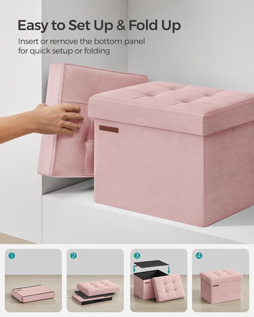 SONGMICS Storage Ottoman, Foldable Small Ottoman Foot Rest, 12.2 x 16.1 Inches Foot Stool, Load up to 286 lb, for Living Room, Bedroom, Dorm, Jelly Pink ULSF200R01