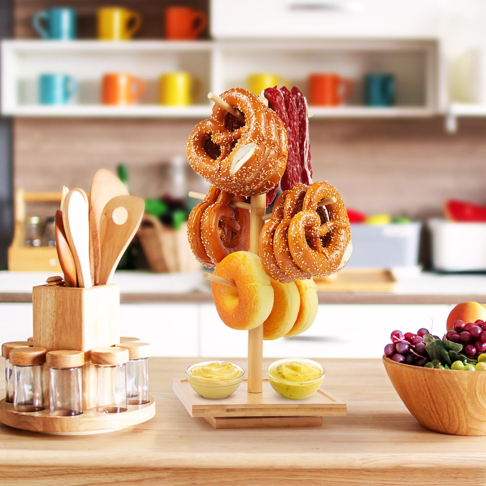avvkfcmn Rotating Pretzel Holder Stand, Wooden Tree-Shaped Pretzel Stand for Pretzels, Donuts, Bagels, and Sausages, Ideal for Oktoberfest, Parties, and Bakeries (7.68" x 7.68" x 16.5")