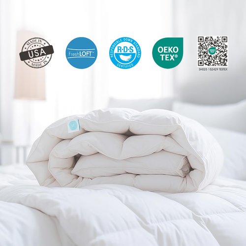 Martha Stewart 650 Fill Power Fluffy White Down Comforter - Light Warmth Down Duvet Insert 300 Thread Count 100% Sateen Cotton Bedding Comforter with Corner Loops Twin Size Made in USA - 68" x 90"