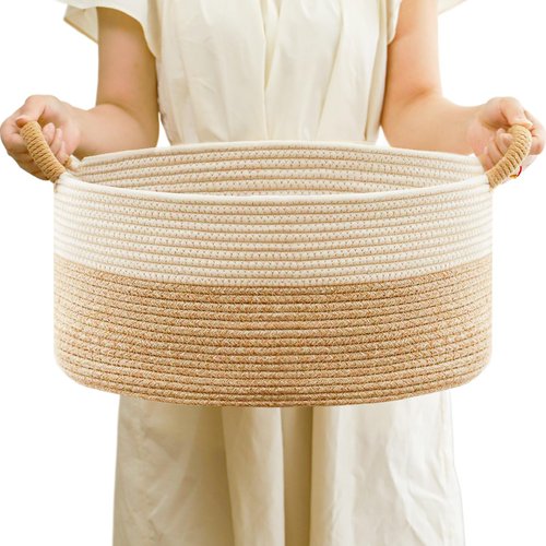 ELIDANTE Small Woven Laundry Basket, Cotton Rope Storage Basket for Bedroom, Nursery & Bathroom – Toy Storage Organizer (Small(21.65" L x 12.6" W x 8.46" H))