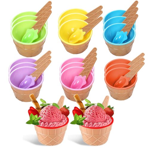 RICHSC-PAN 20 Pack Ice Cream Bowls, Cartoon Candy Color Ice Sundae Cups with Spoon. Multi-Color Reusable, Perfect for Summer Ice Cream Events and Gift Bags for Kids.
