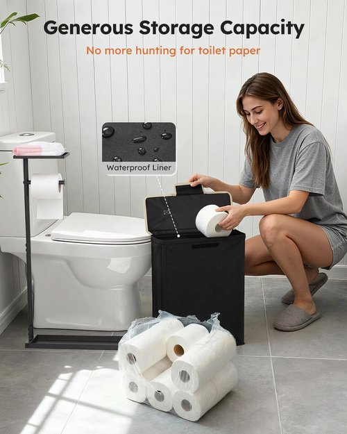 Freestanding Toilet Paper Holder Stand with Shelf for Up to 12 Rolls,Rustproof Metal Bathroom Toilet Paper Storage with Lid, All-in-One Toilet Tissue Roll Dispenser and Organizer,Black