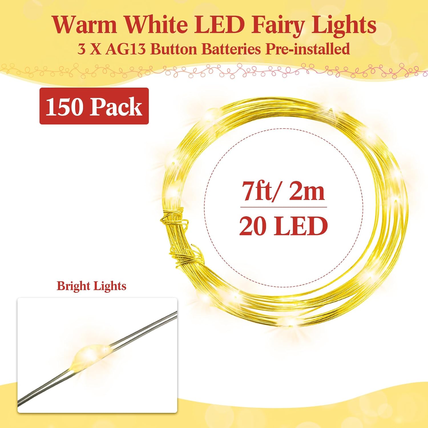 Tuanse LED Fairy Lights - 150 Pack Battery Operated String Lights | 3 Speed Modes, 7 ft, Warm White
