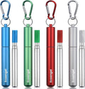 Ecoangel Reusable Collapsible Stainless Steel Drinking Straws - 4-Pack with Case & Cleaning Brush | Silver, Blue, Red, Green