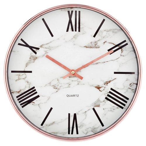 mDesign Modern Stylish Wall Clock for The Office, Bedroom, Kitchen, Bathroom, 11.5 Inch Diameter - Rose Gold Frame and Hands, Large Black Numbers on a Marble Background with a Clear Glass Cover