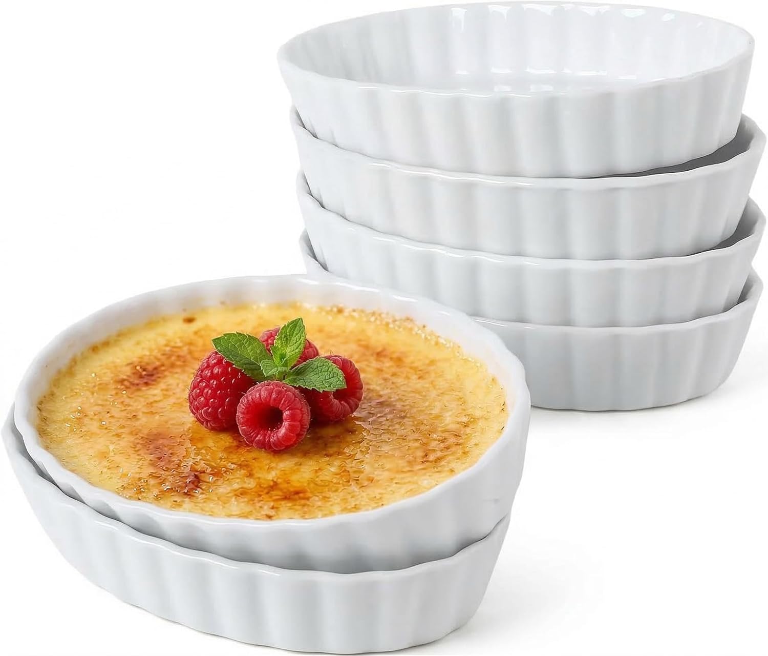 Regine Switzerland 6 Pcs Creme Brulee Ramekins - 4 Oz Oval Ceramic Baking Dishes, Oven Safe & Stackable
