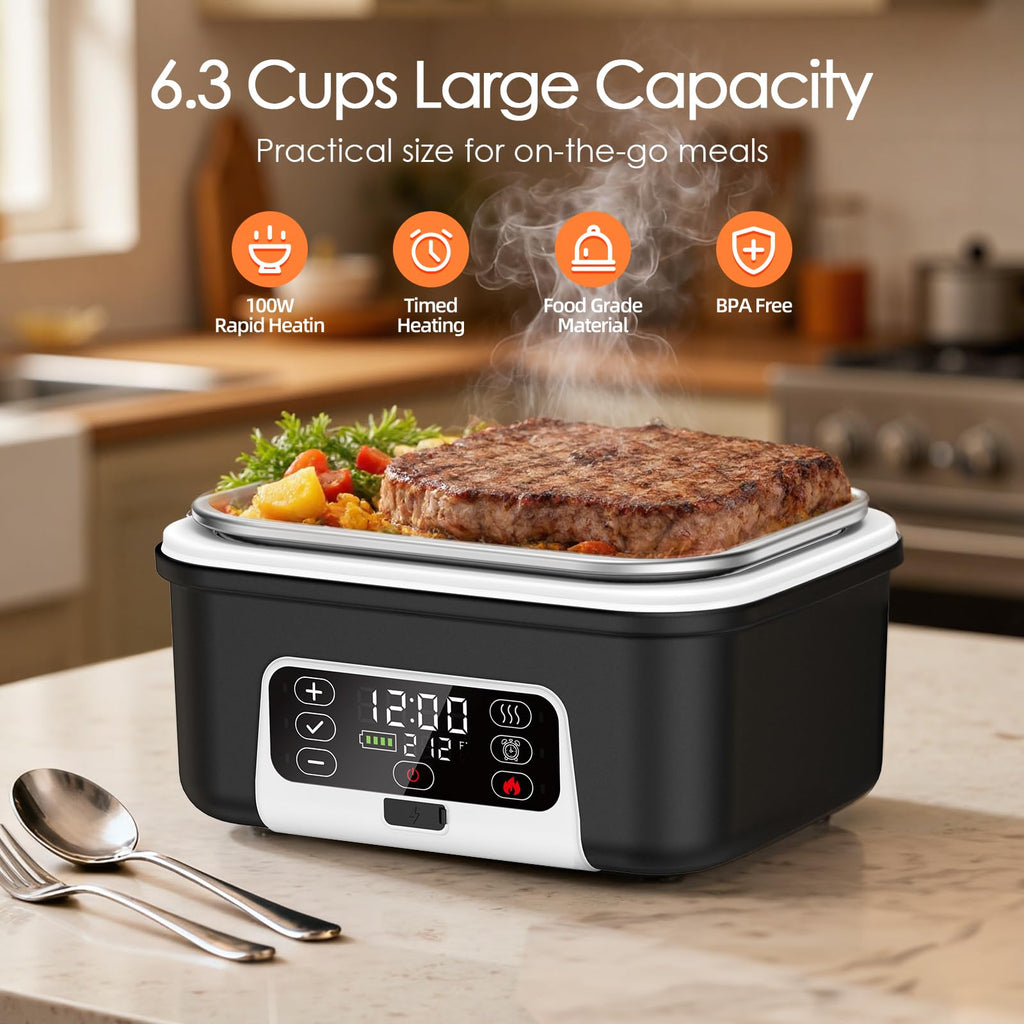 Odopok Cordless Electric Lunch Box, 6.3 Cup 100W Heated Lunch Box with 20000mAH Battery Powered for Self Heating, Including Fork Spoon and Insulated Bag for Men Women Adults, BPA Free(Black+White)