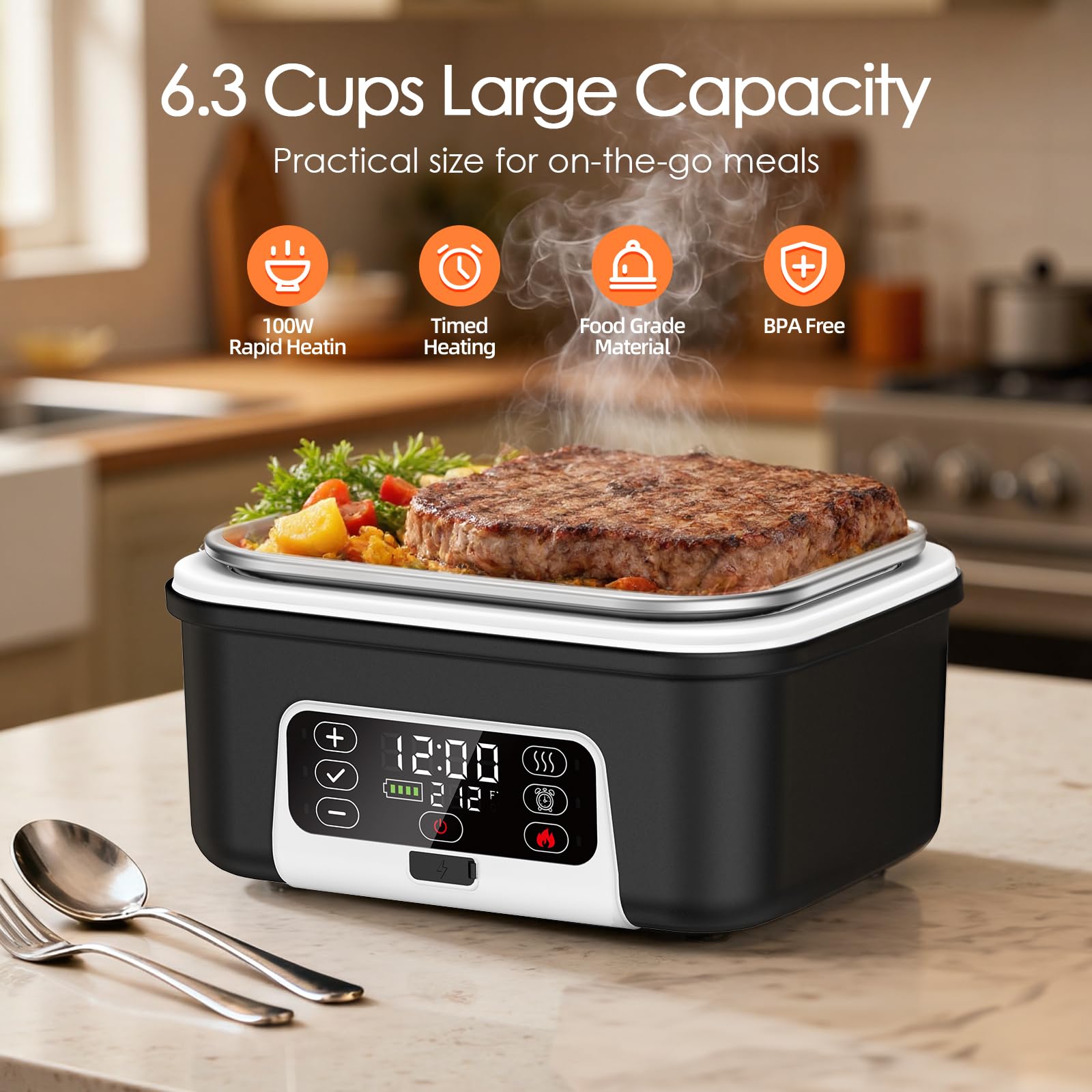 Odopok Cordless Electric Lunch Box, 6.3 Cup 100W Heated Lunch Box with 20000mAH Battery Powered for Self Heating, Including Fork Spoon and Insulated Bag for Men Women Adults, BPA Free(Black+White)