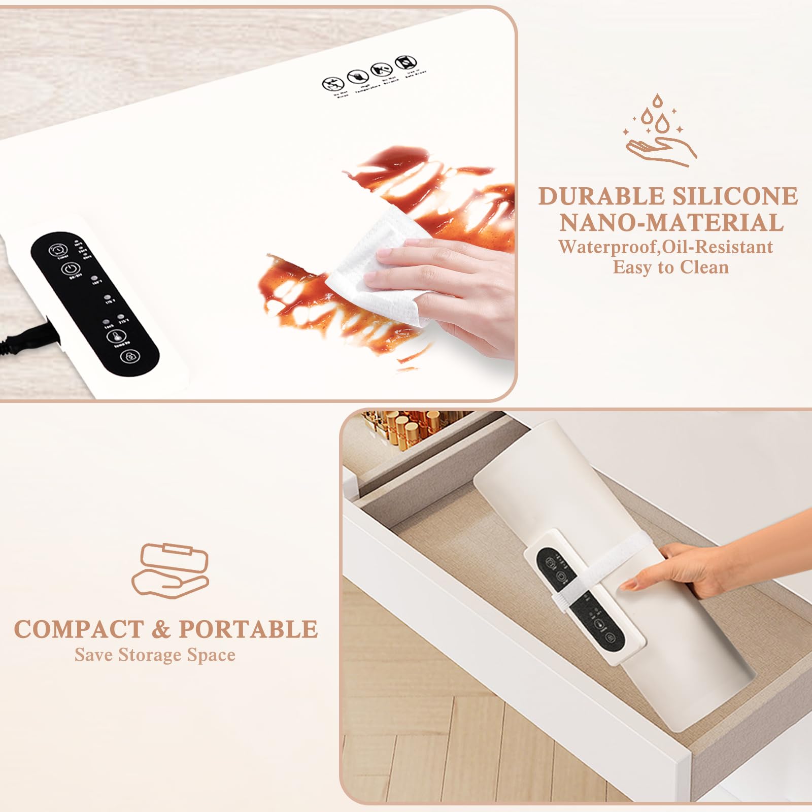 ANKDD Warming Mat for Food - Temp Master Adjustable Warming Tray with 3 Level Adjustable Temperature / 4 Hours Timer, Electric Heating Pad with Feet, Foldable Food Warmer Mat, White