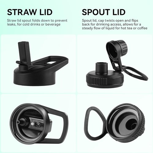Domicare Insulated Water Bottle - 22 oz Stainless Steel Vacuum Bottle with Straw & Spout Lid | Leakproof Black