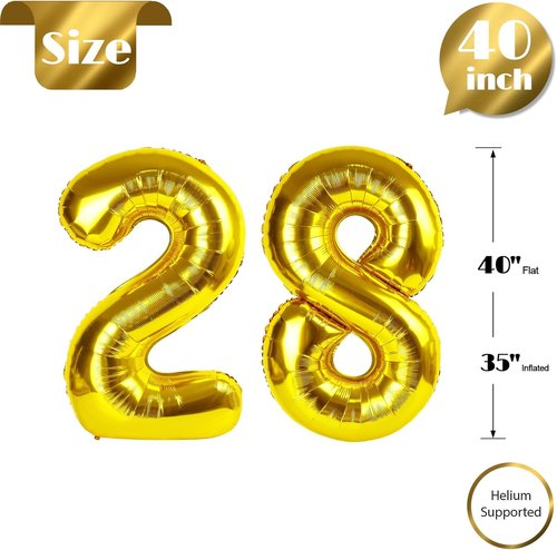 Gold Number 28 Balloon - 40 Inch 28th Birthday Decoration | Elegant Golden Party Supplies