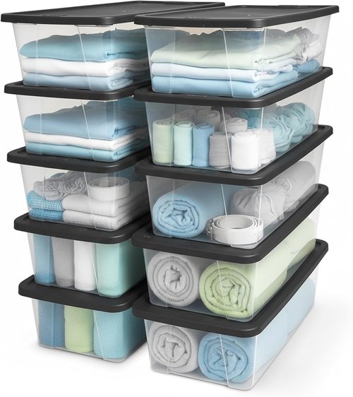 HOMZ 10-Pack Snaplock Storage Organizer Bins - Clear Plastic Containers with Lids, 6 Quart, Gray for Home & Office