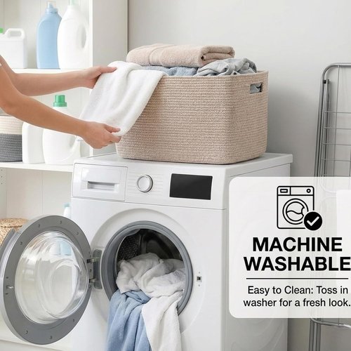 JMvicyroam Woven Blanket Basket - 65L Large Storage Bin for Toys & Clothes | Decorative Rope Design in Oatmeal