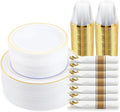 M MCIRCO Gold Dinnerware Set - 350 Pieces with 100 Plastic Plates, 50 Cups & Silverware for 50 Guests