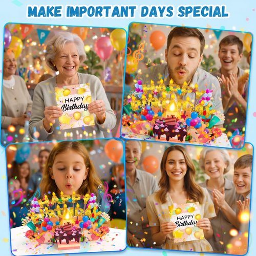 Lupow 3D Pop Up Musical Birthday Cards with Lights & Blowable LED Light Candle – Interactive Singing Happy Postcards Birthday Decorations Greeting Cards Birthday Cards for Women, Men, Mom, Wife, Husband, Boy, Girl