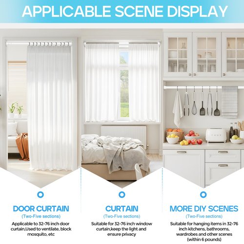 SISELBA Spring Tension Curtain Rod 32-76 inch, Adjustable Expandable Tension Curtain Rod No Drilling, Tension rods for Window Doorway Kitchen Curtain, White
