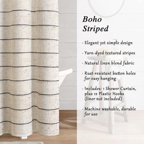 XOGUIBO Black Linen Striped Shower Curtain, Boho Beige Shower Curtains for Bathroom, 72 x 72