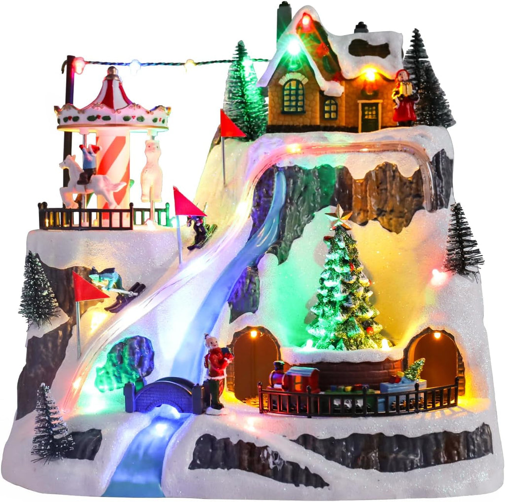 Wonder Garden Christmas Village Houses - Lighted Musical Ski Resort with Moving Train & Carousel | Holiday Decor