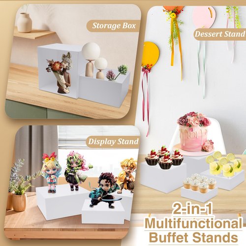 Buffet Risers, Acrylic Food Risers for Buffet Table, 8Pcs Buffet Table Risers with Mini Signs, Food Service Risers Display Stands Risers with Hollow Bottoms, 6" 6.5" 7" 8'' Risers for Buffet Jewelry