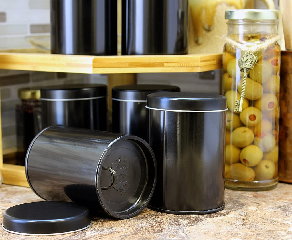 Cornucopia Brands Double Seal Tea Canisters (6-Pack); Black Metal Round Tea Tins w/ Interior Molded Plastic Seal