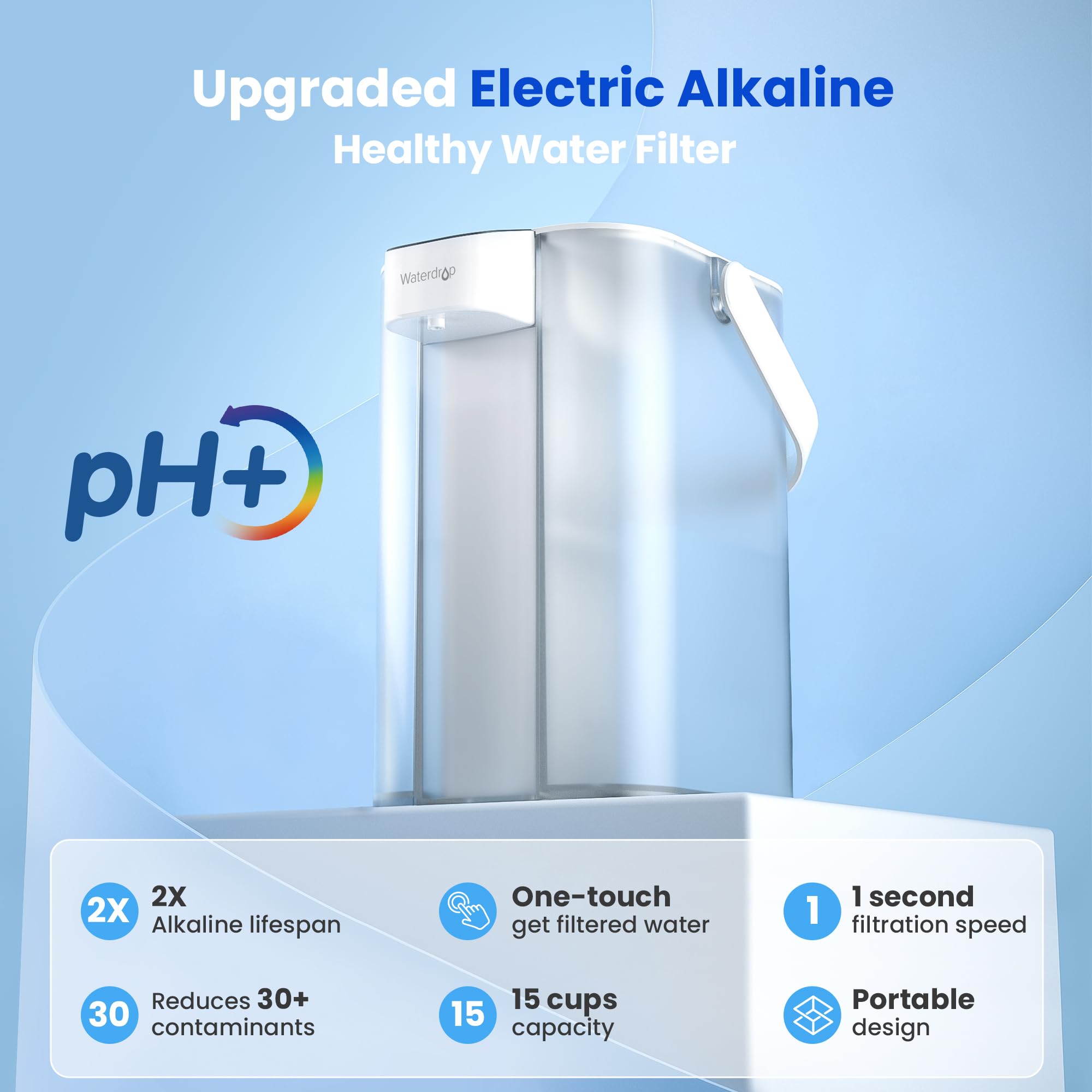 Waterdrop Alkaline Electric Water Filter Pitcher, Rechargeable Water Dispenser, Instant 200-Gallon 15-Cup Countertop Purifier, Reduce PFOA/PFOS, Chlorine, Lead, White, with 1 Filter