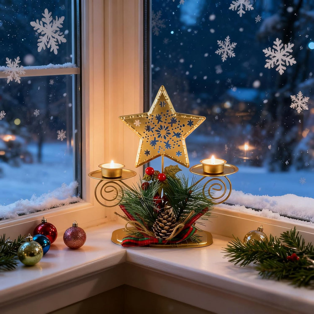 Regine Switzerland Christmas Tea Light Candle Holders - Elegant Metal Centerpiece with Artificial Berries & Pine Cones
