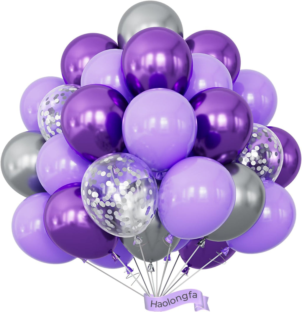 Skiennix 12-Inch Purple and Silver Balloons - 60pcs Pastel Lavender Confetti for Parties & Celebrations