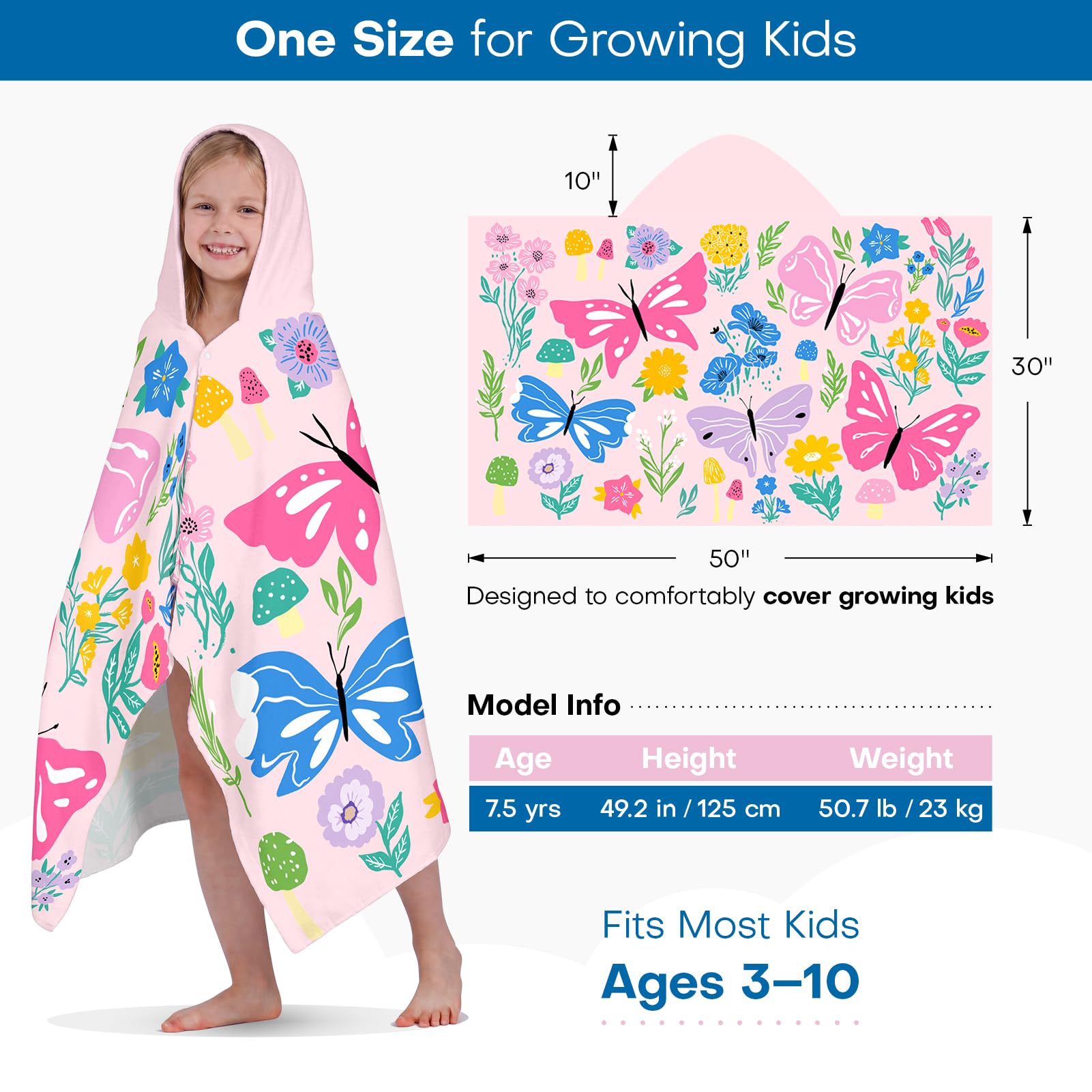 Kids Hooded Beach Towel, 100% Cotton Super Soft and Absorbent Bath Towel, 50" x 30" Large Size with 2 Snap Buttons for Ages 3-10, Cozy Cover Up for Pool, Beach, and Bath Time (Mermaid Unicorn)