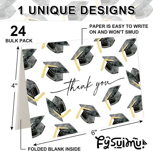 FYSUIMU Graduation Cap Thank You Cards - 24 Pcs Congrats Grad Note Cards with Envelopes | 4 x 6 Inch