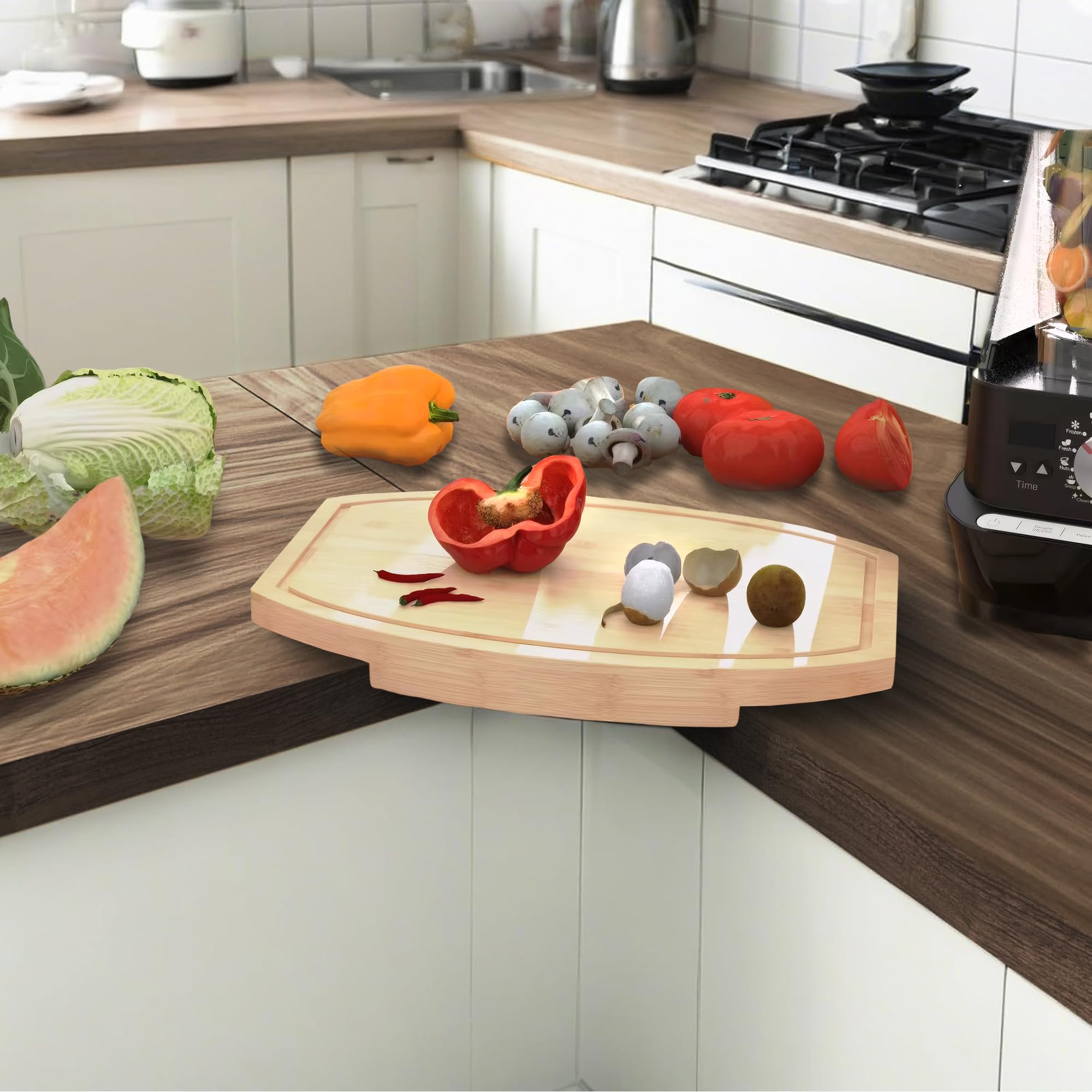 ZYWEICH Kitchen counter Bamboo Wood Corner Cutting Board, Space Saving Countertop Chopping Board with Juice Groove