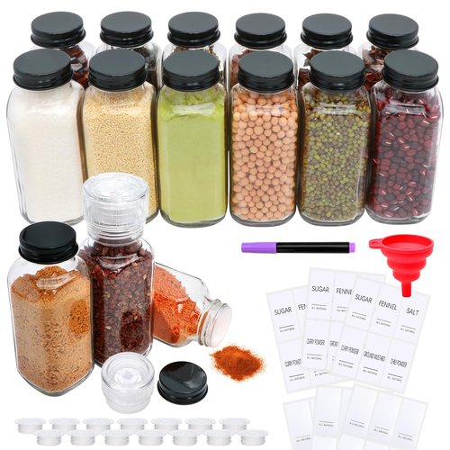 15 Pack 8oz Glass Spice Jars with Grinders, Square Spice Bottles with Deeper Shaker Lids & Airtight Metal Caps, Seasoning Containers with Labels for Spice Organization, Fits Cabinet, Spice Rack