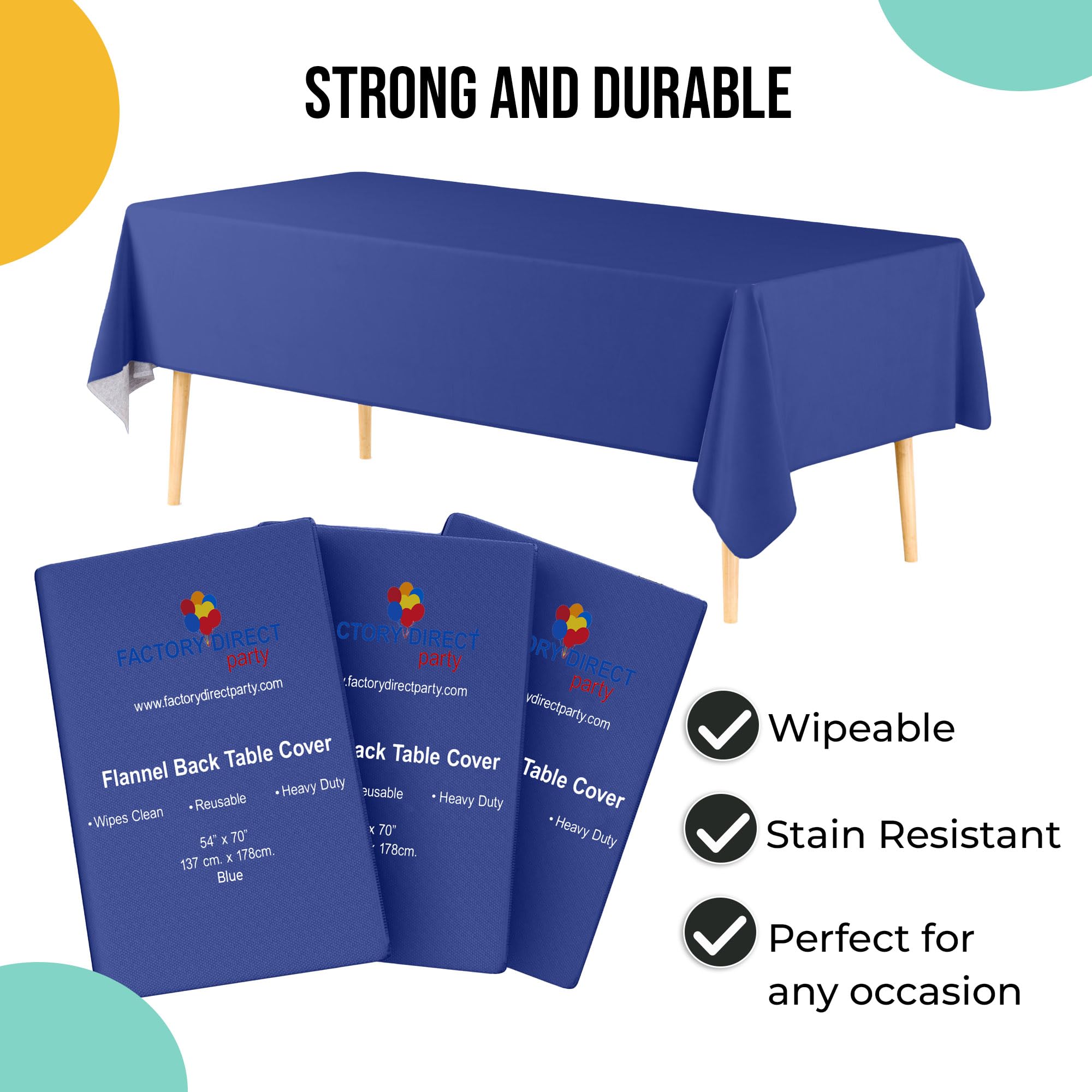Exquisite Blue Vinyl Tablecloths - 54 in. X 70 in. - Pack of 3 Rectangle Tablecloths with Flannel Backing - Plastic, Reusable & Waterproof