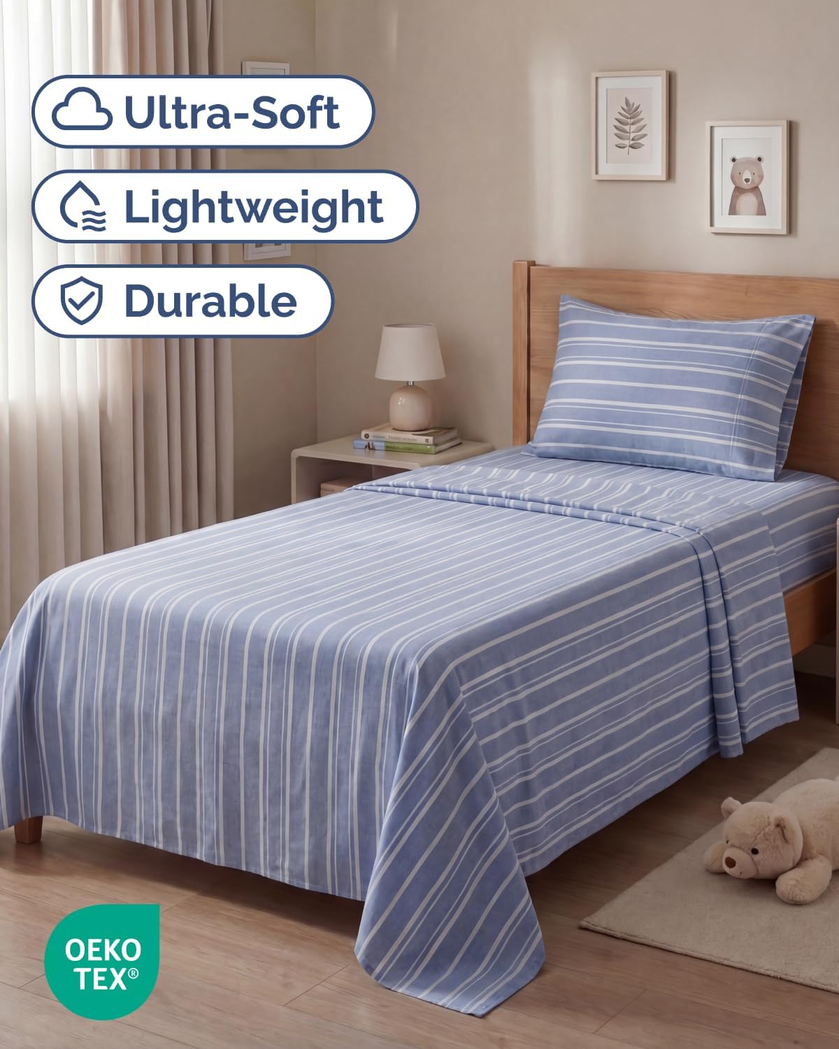 Skiennix Twin Size Sheet Set - Comfy Cooling Bed Sheets with Deep Pockets - Luxury Blue Stripes