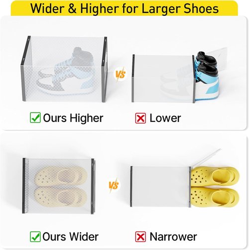 Kuject Activated Charcoal Shoe Organizer - 12 Pack XL Clear Plastic Stackable Storage Boxes | Dustproof Sneaker Display Containers for Closet & Entryway, Black